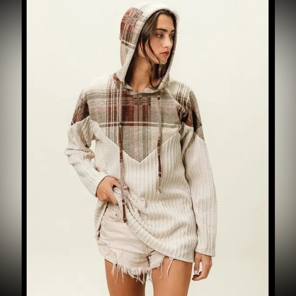 BIBI PLAID BRUSH KNIT CONRAST CABLE KNIT HOODIE
